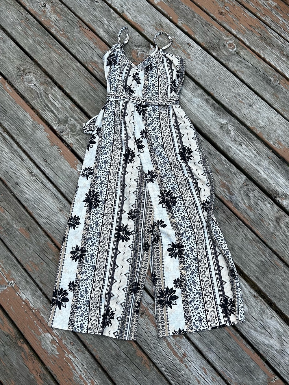 Black & White Floral Stripe Wide-Leg Jumpsuit